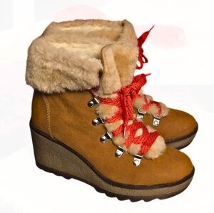 JCREW Tan and Red Fur-Lined Winter Boots